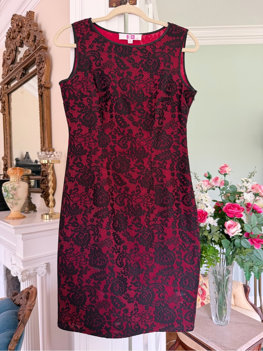 Nine & Co. Red and Black Lace Midi Sheath Dress